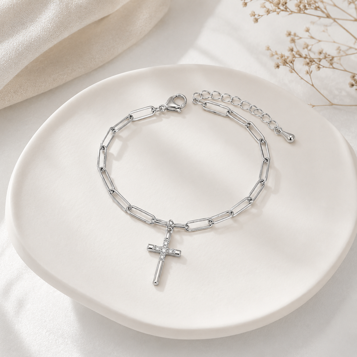 Pulseira Cartier com Cruz Cravejeda Ródio Branco
