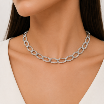 Choker Elo Duplo Trabalhado Ródio Branco