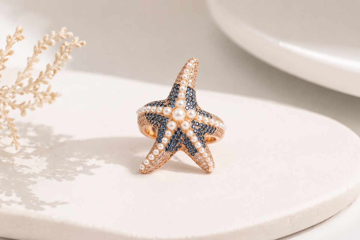 Anel Ocean Queen Safira Azul Regulável Ouro 18k