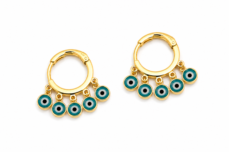 Brinco Argola Olho Grego Azul Claro Ouro 18k