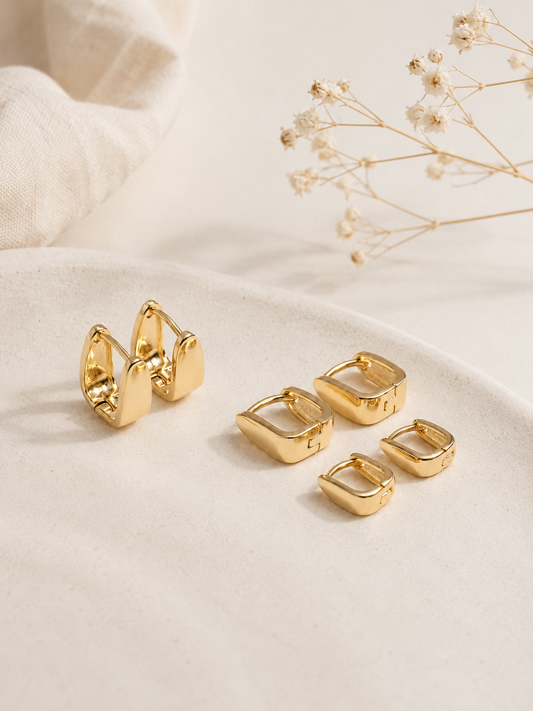 Brinco Trio Click Quadrado Liso Ouro 18k