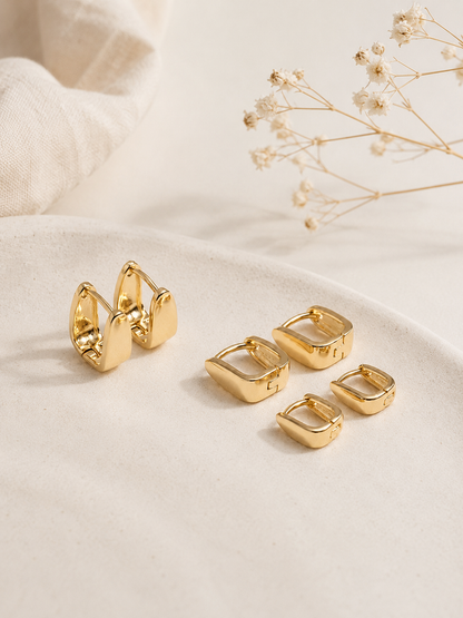 Brinco Trio Click Quadrado Liso Ouro 18k