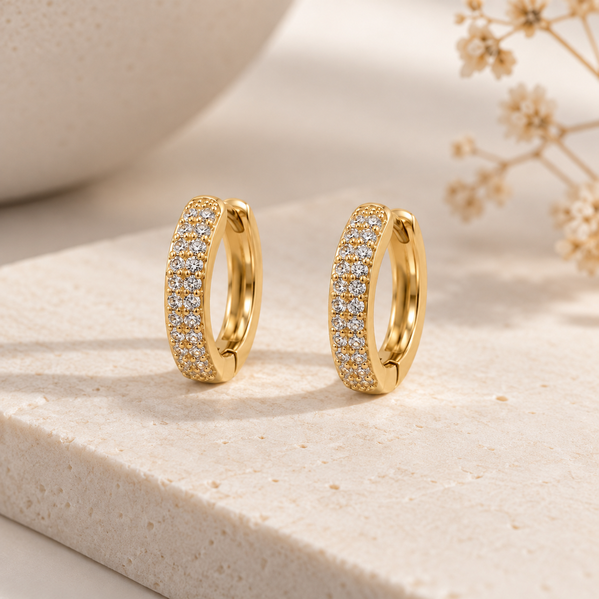 Brinco Argola Cravejada Duas Fileiras Média Ouro 18k
