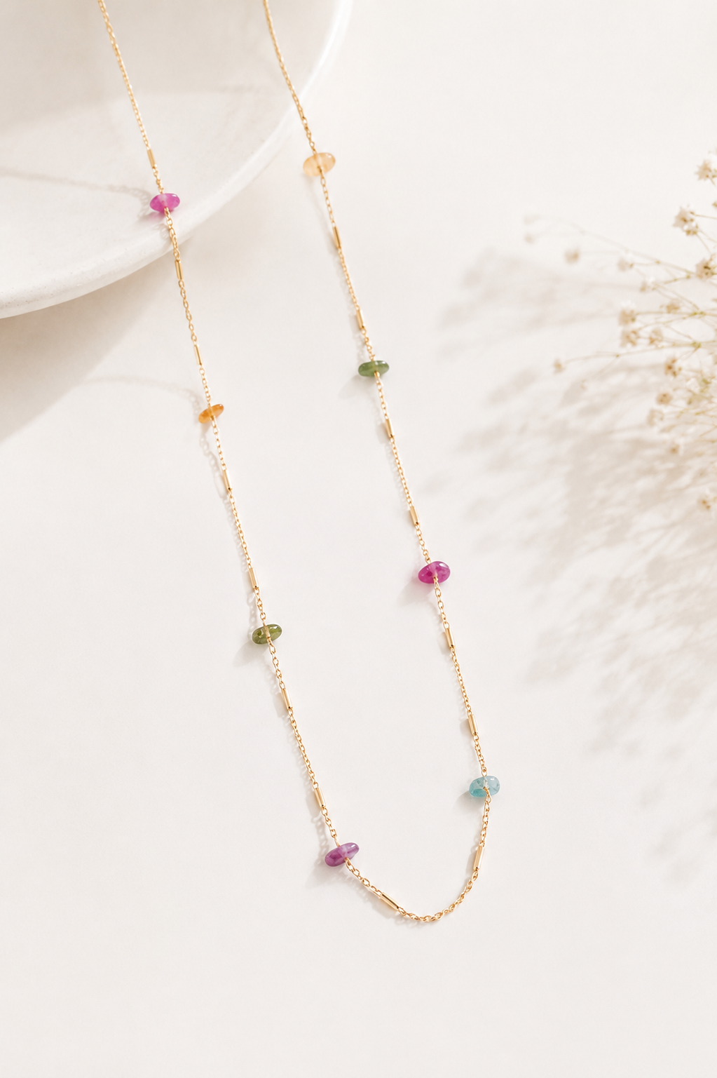 Colar Longo Cascalho Colorido Natural Ouro 18k