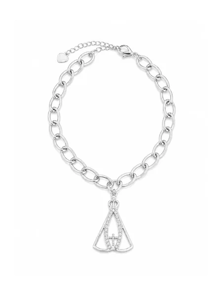 Pulseira Elo Portugues com Nossa Senhora Cravejada Ródio Branco