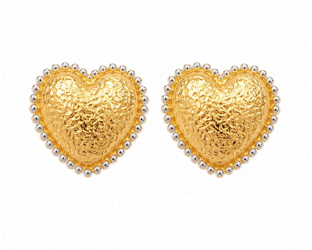 Brinco Coração Martelado Ouro 18k com Ródio Branco