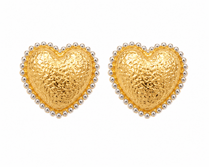 Brinco Coração Martelado Ouro 18k com Ródio Branco
