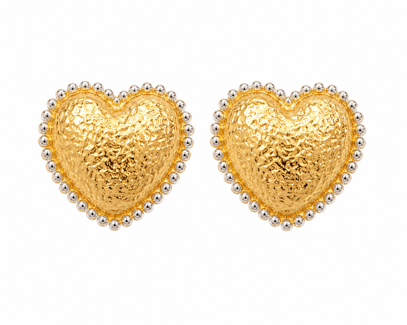 Brinco Coração Martelado Ouro 18k com Ródio Branco