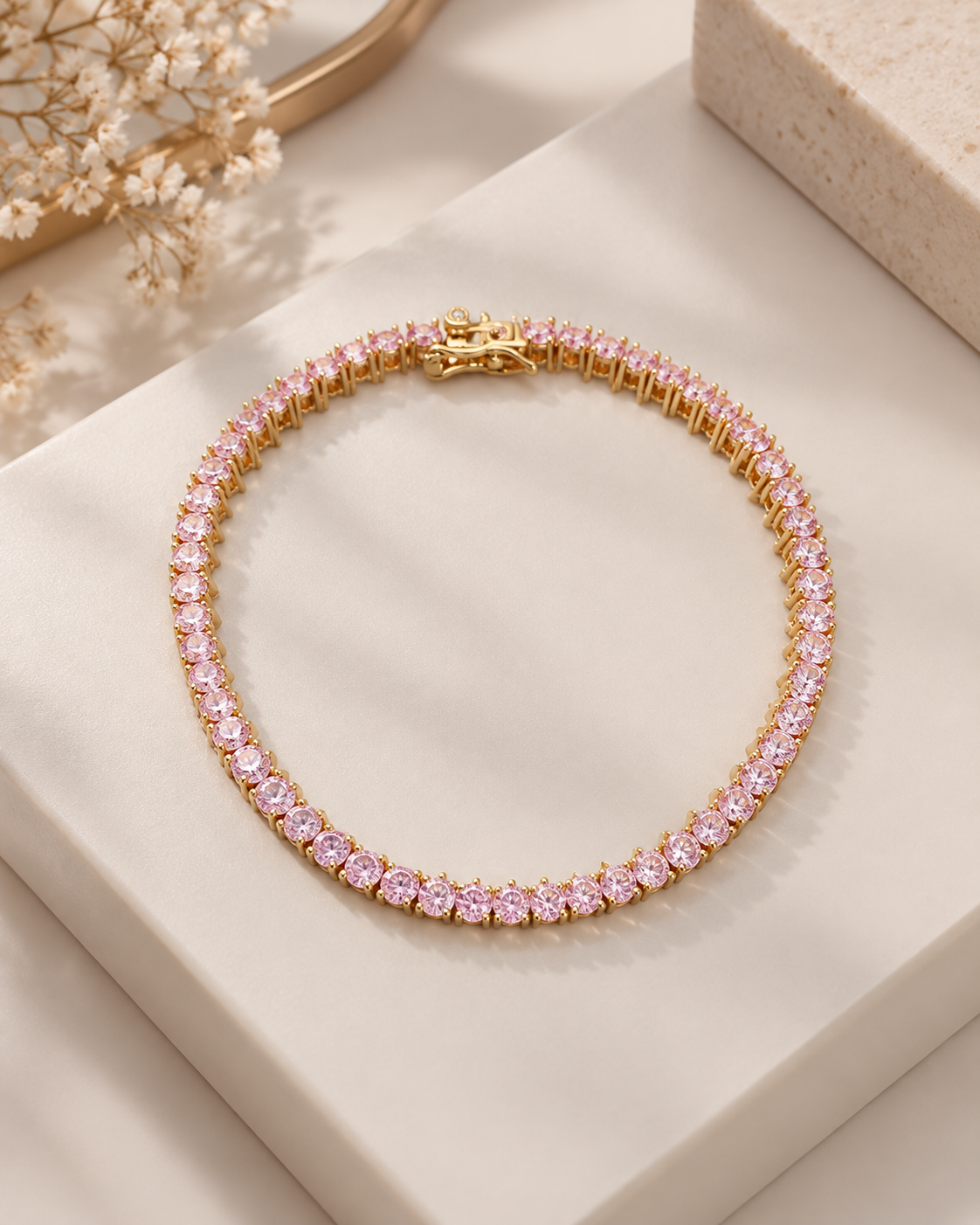 Pulseira Riviera Três Pontas Quartzo Rosa Ouro 18k
