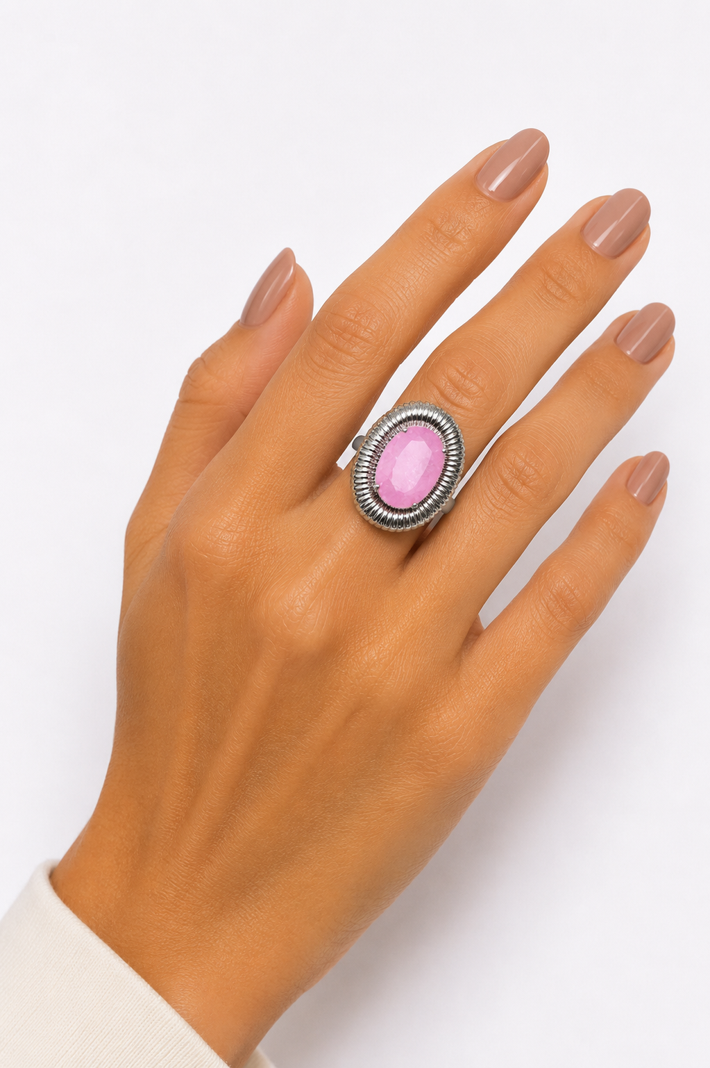 Anel Aura Imperial Quartzo Rosa Ródio Branco