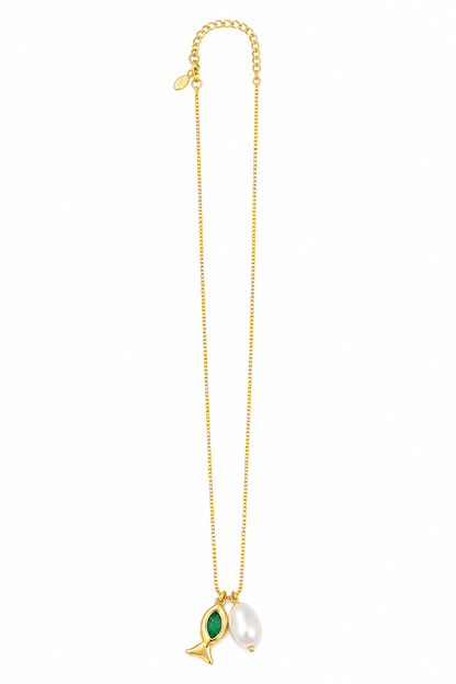 Colar Peixe Turquesa com Pérola Ouro 18k