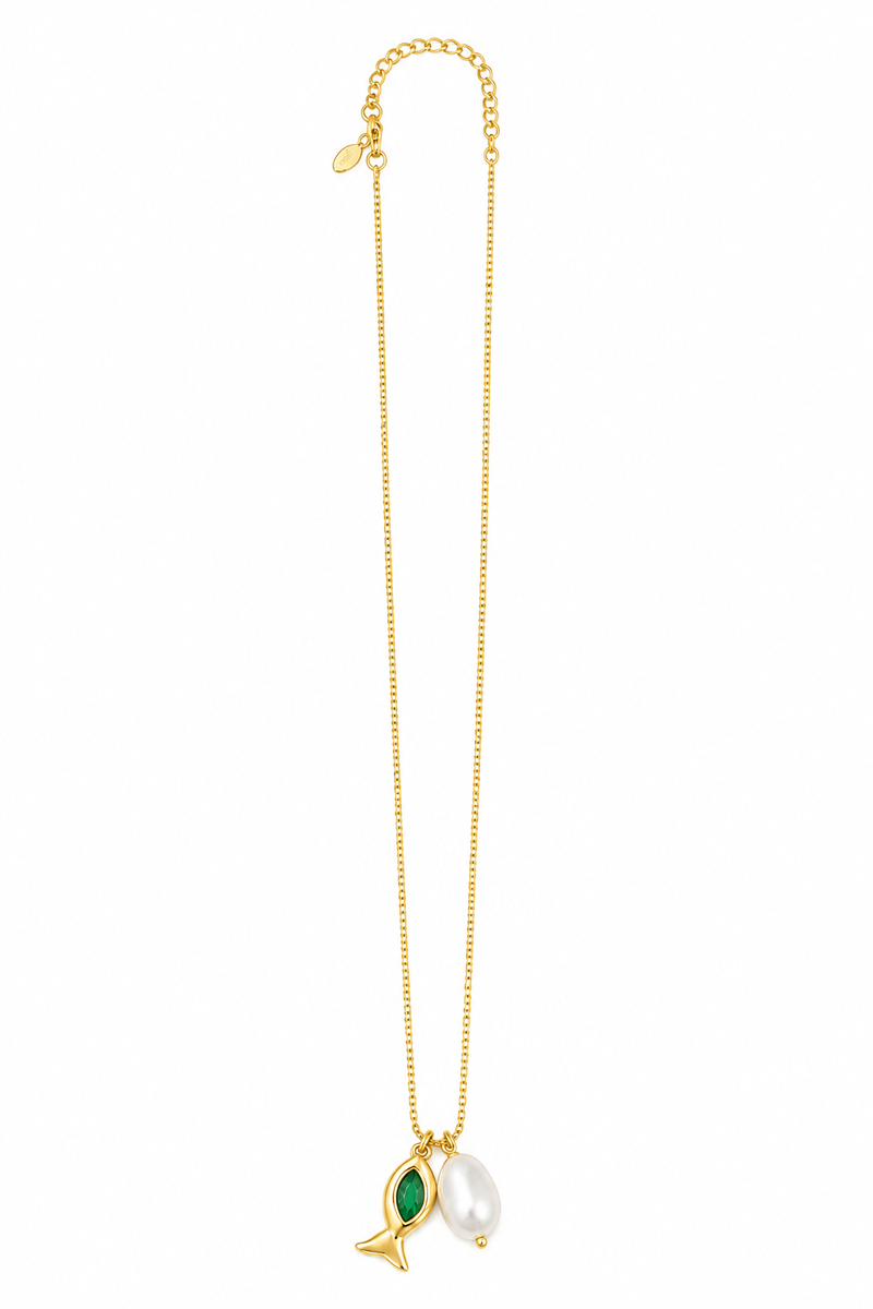 Colar Peixe Turquesa com Pérola Ouro 18k