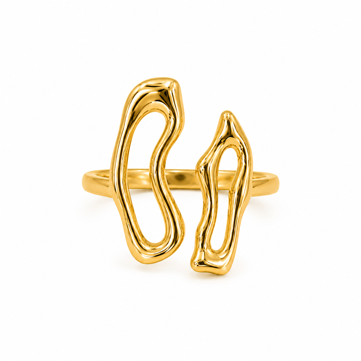 Anel Orgânico Duplo Desregular Regulável Vazado Ouro 18k