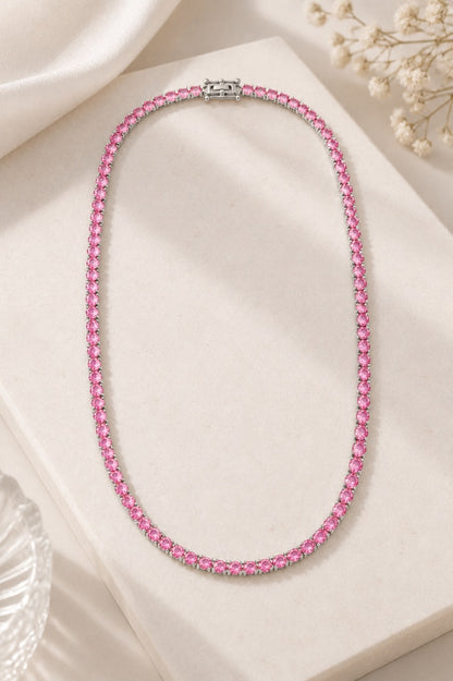 Colar Riviera Três Pontas Pink Ródio Branco