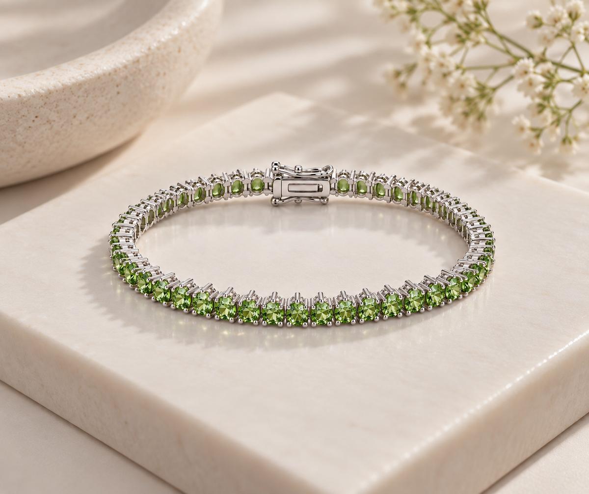 Pulseira Riviera Três Pontas Peridoto Ródio Branco