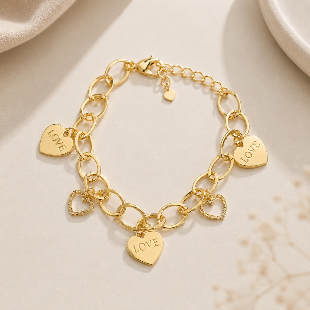 Pulseira Elos Ovais com Coração “Love" Ouro 18k