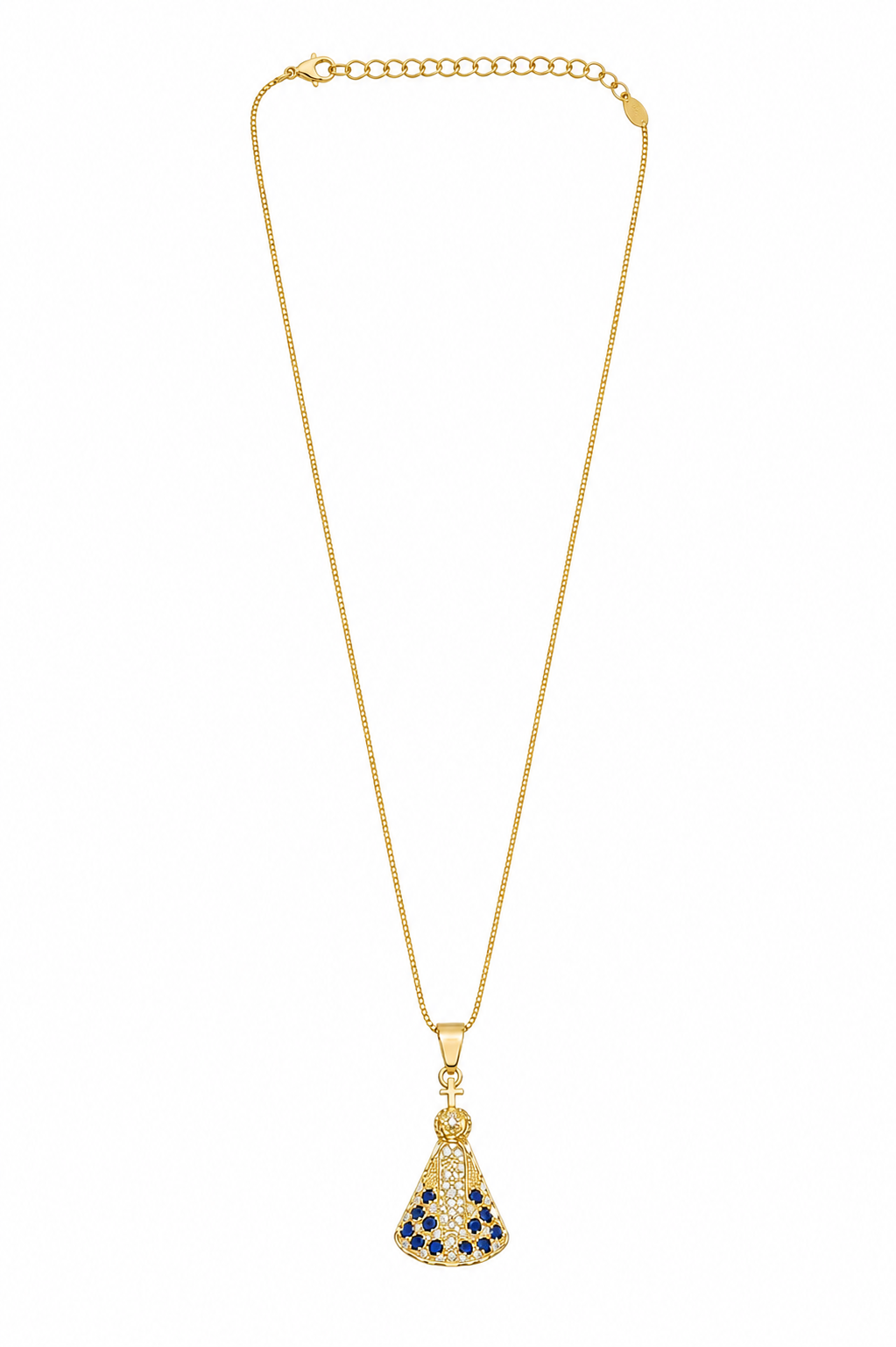 Colar Nossa Senhora Manto Zircônia Safira Ouro 18k