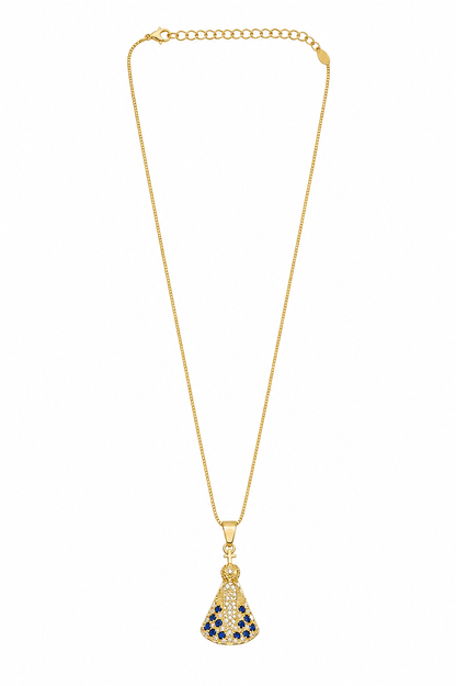 Colar Nossa Senhora Manto Zircônia Safira Ouro 18k