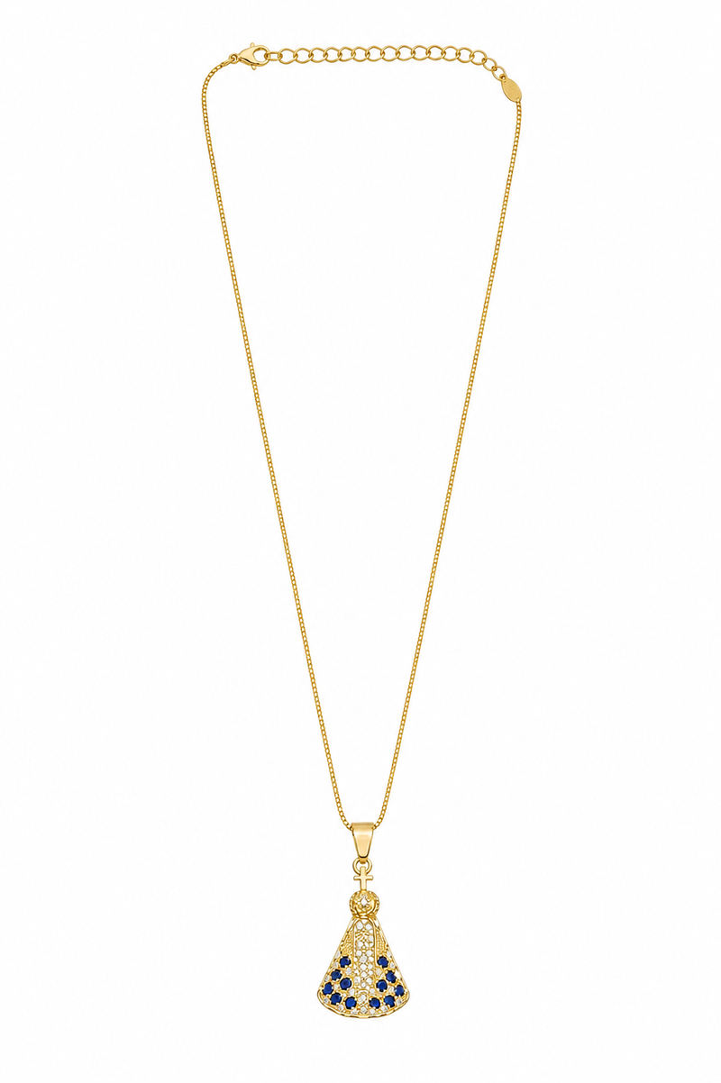 Colar Nossa Senhora Manto Zircônia Safira Ouro 18k