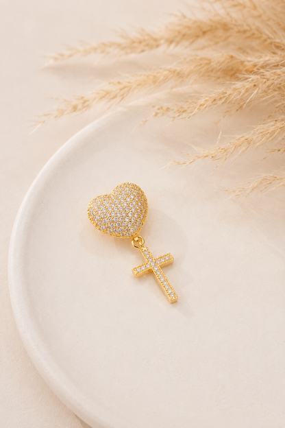 Pingente Coração com Cruz Cravejado Ouro 18k