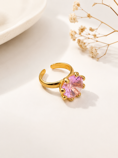 Anel Solitário Regulável Zircônia Quartzo Rosa 12mm Ouro 18k