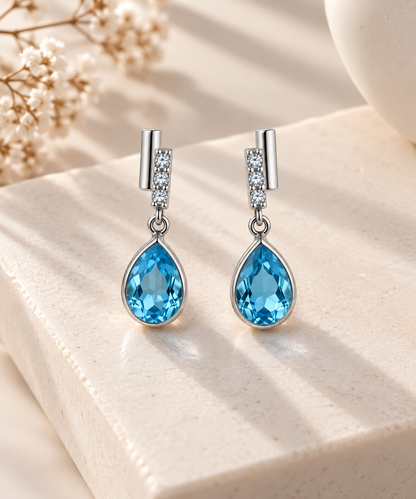 Brinco Pendulo Gota Azul Prata 925