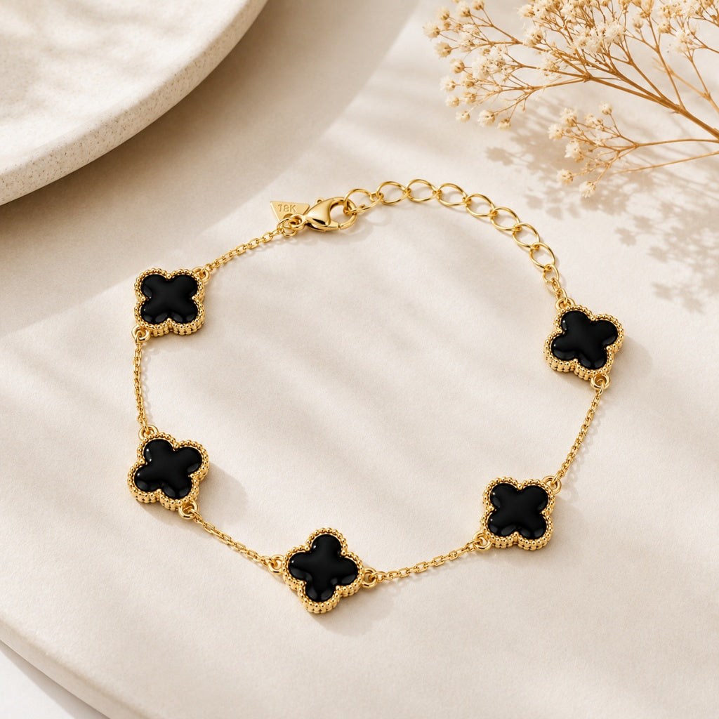 Pulseira Trevo P Preto Ouro 18k