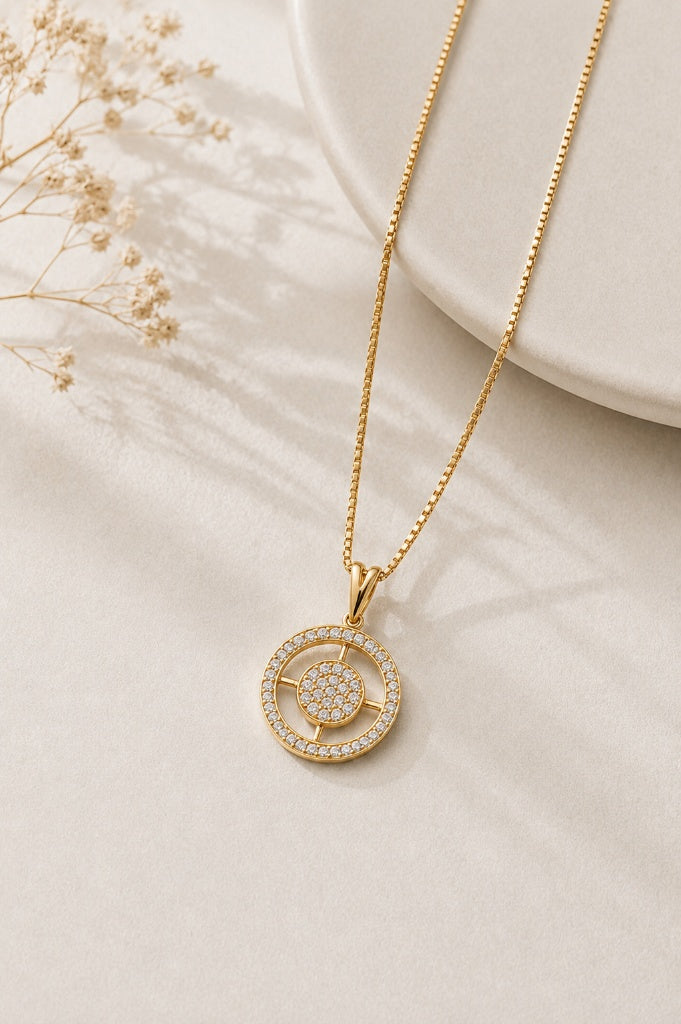 Colar Veneziana com Pingente Círculo Geométrico Cravejado Ouro 18k