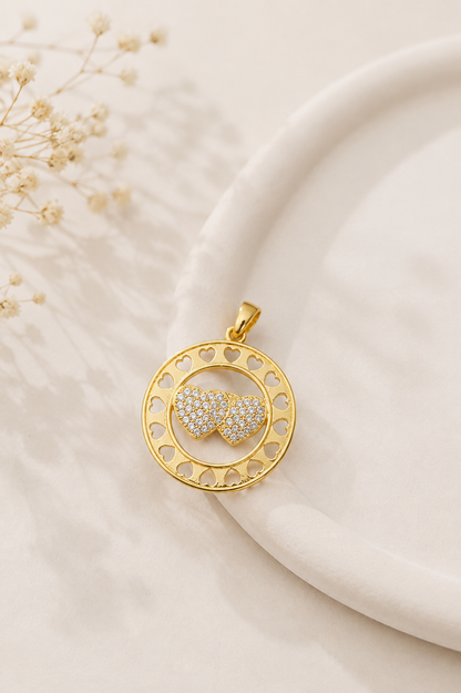 Pingente Dois Corações Redondo Cravejado Ouro 18k