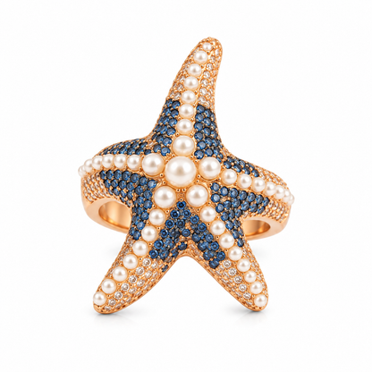 Anel Ocean Queen Safira Azul Regulável Ouro 18k