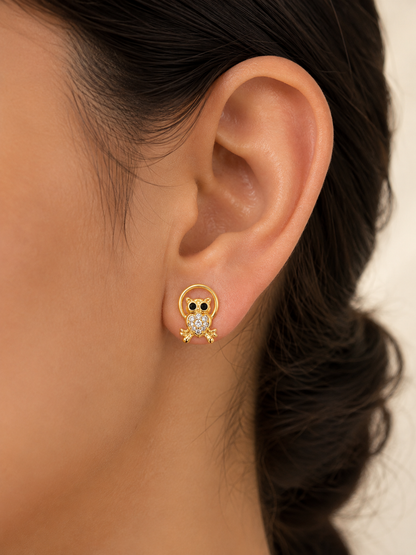 Brinco Corujinha Cravejada Olhos Ônix Ouro 18k