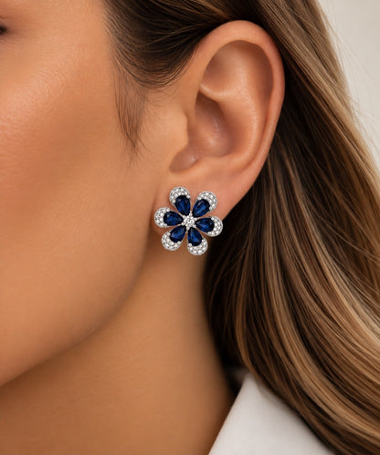 Brinco Flor Azul Safira Cravejada Prata 925