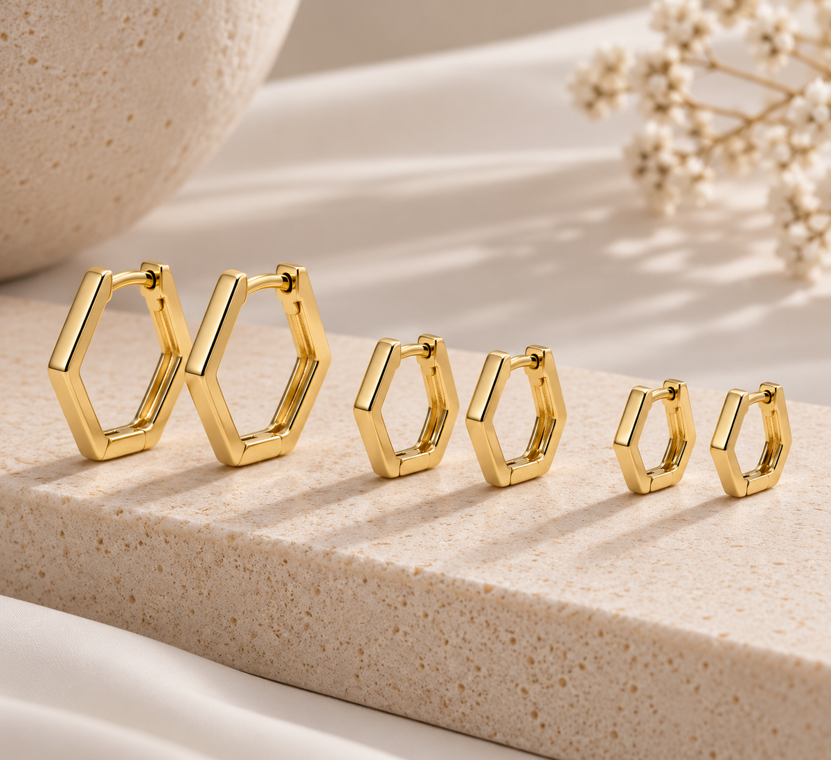 Brinco Trio Argola Hexagonal Ouro 18k