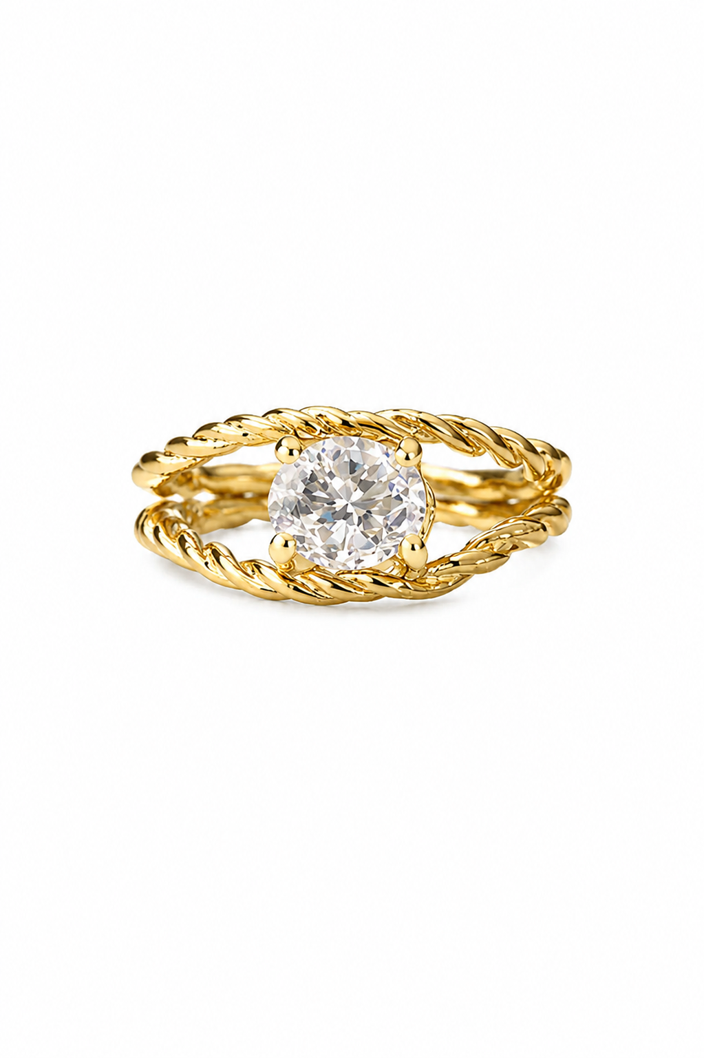Anel Duplo Trançado com Zircônia Oval Ouro 18k
