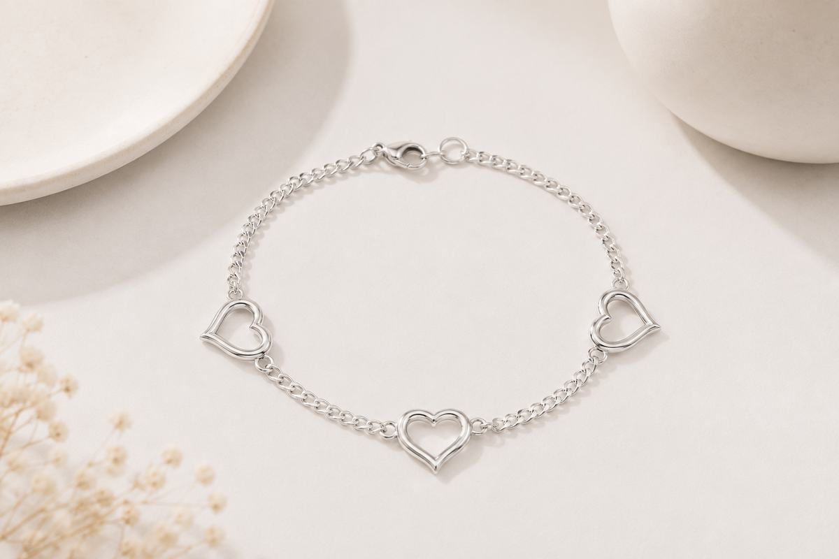 Pulseira Elo Groumet com Coração Ródio Branco