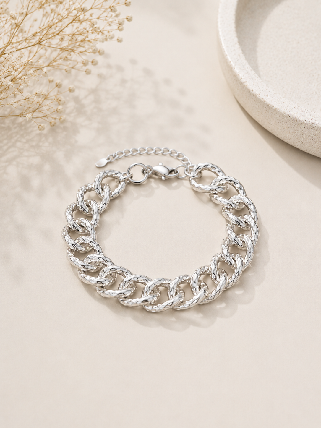 Pulseira Elo Trabalhado Ródio Branco