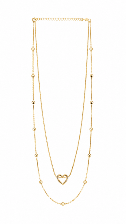 Colar Duplo Coração Vazado com Esferas MontClair Ouro 18k