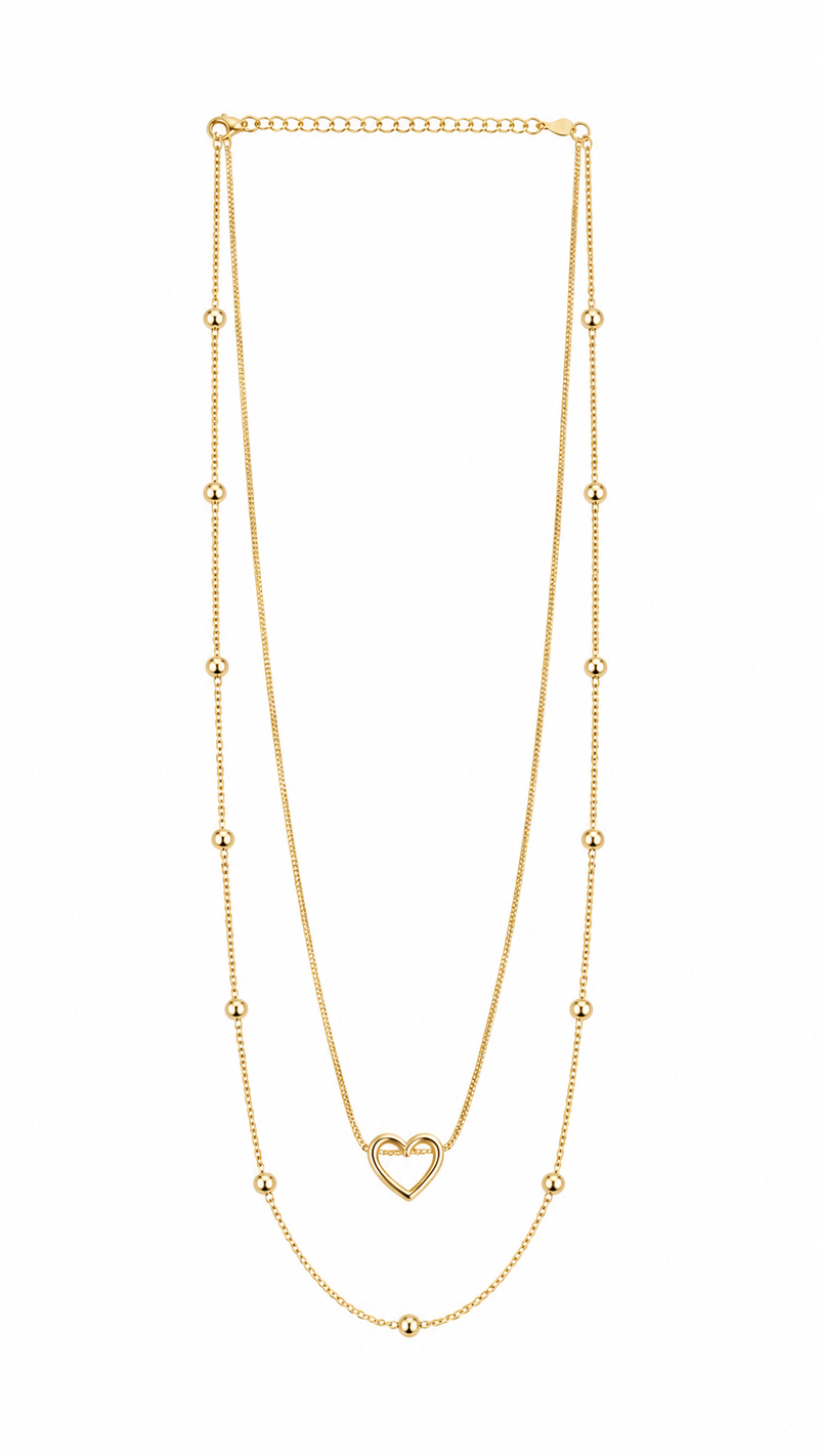 Colar Duplo Coração Vazado com Esferas MontClair Ouro 18k