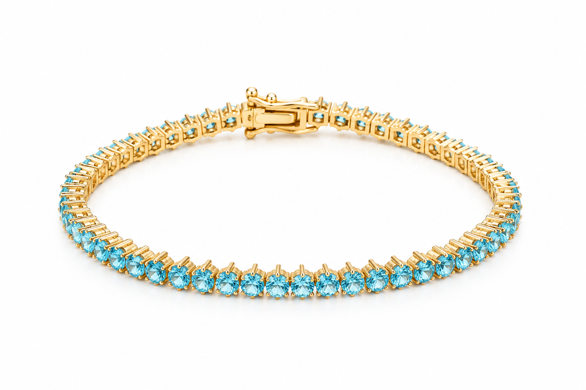 Pulseira Riviera Três Pontas Aquamarine Ouro 18k
