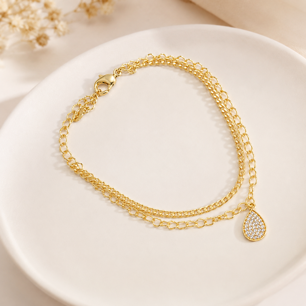 Pulseira Dupla Elo Coração + Groumet com Gota Cravejada MontClair Ouro 18k