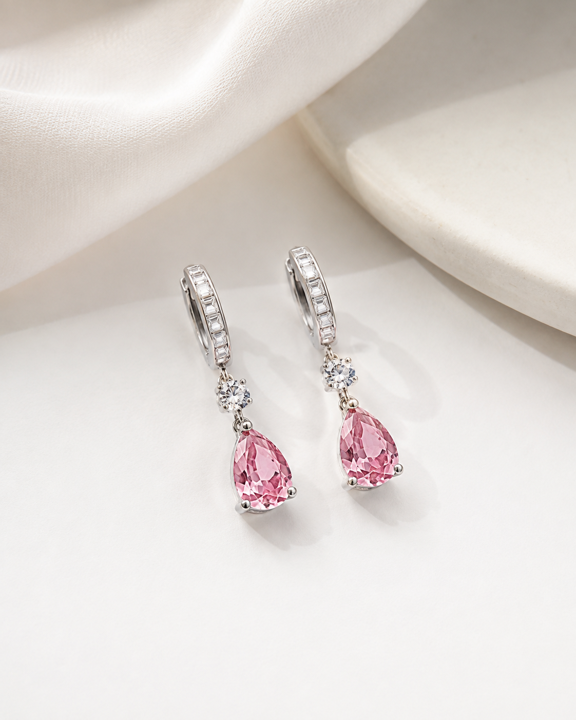 Brinco Argola Pingente Gota Rosa Prata 925