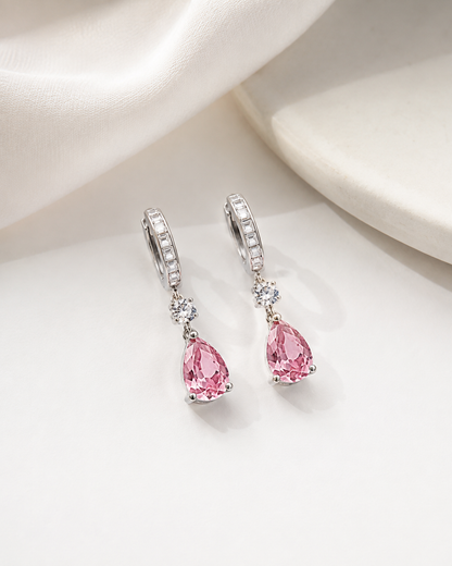 Brinco Argola Pingente Gota Rosa Prata 925