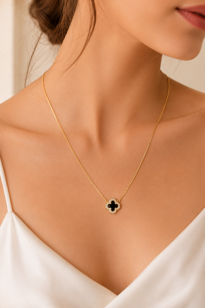 Colar Trevo Preto Com Micro Zircônia Ouro 18k