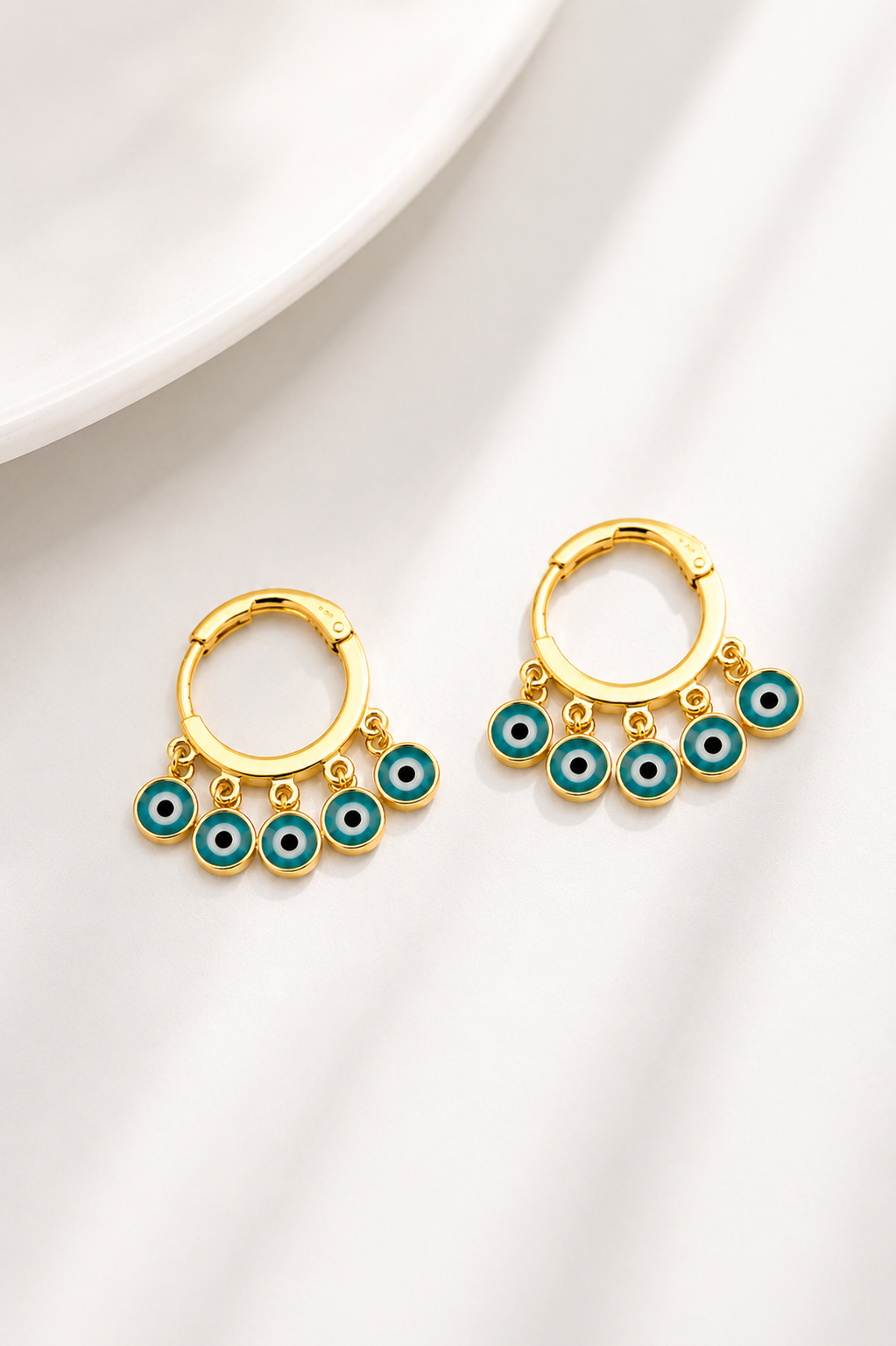 Brinco Argola Olho Grego Azul Claro Ouro 18k