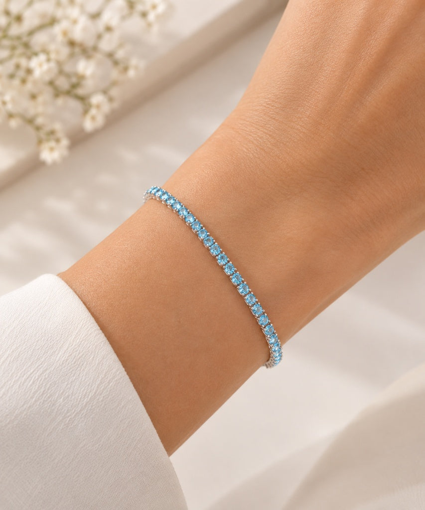Pulseira Riviera Três Pontas Aquamarine Ródio Branco