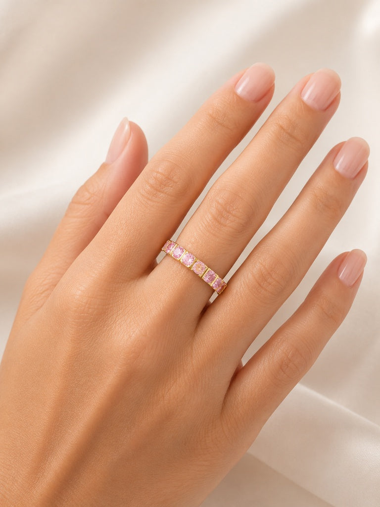 Anel Rainbow Quartzo Rosa Ouro 18k