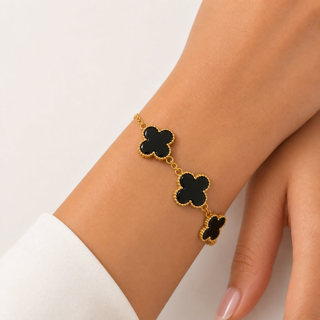 Pulseira Trevo Puffer Preto Ouro 18k