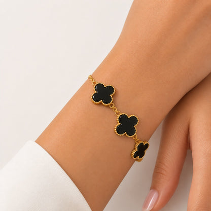 Pulseira Trevo Puffer Preto Ouro 18k