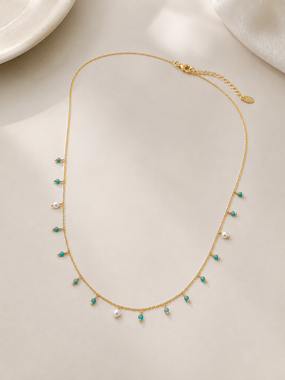 Choker Rondell com Pedra Natural Turquesa e Pérola Ouro 18k