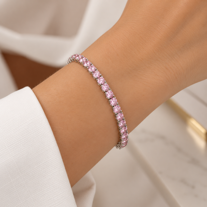 Pulseira Riviera Três Pontas Quartzo Rosa Ródio Branco